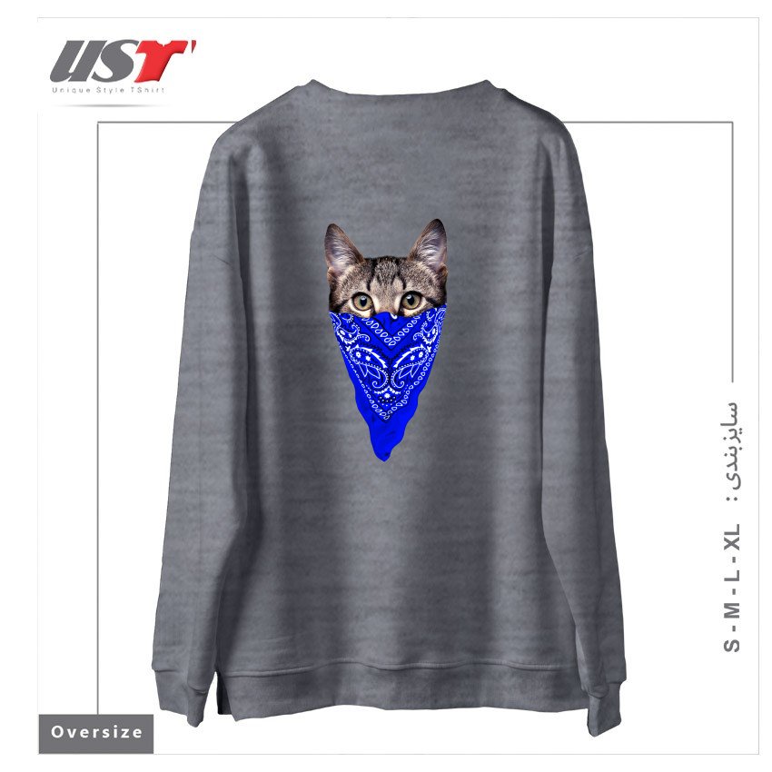 طرح GANGSTER CAT (BLUE BANDANA) سوییشرت اورسایزرنگ طوسی ملانژ