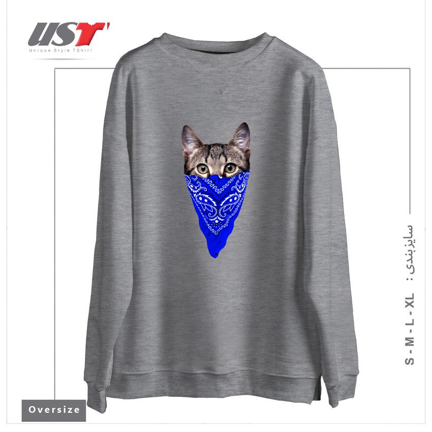 طرح GANGSTER CAT (BLUE BANDANA) سوییشرت اورسایزرنگ طوسی ملانژ