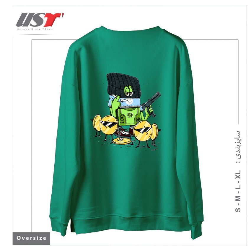 طرح GET MONEY GANG سوییشرت اورسایزرنگ سبز سدری