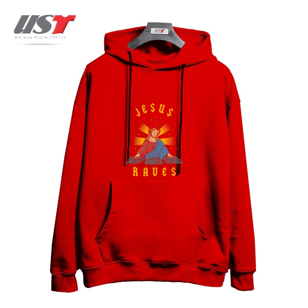 طرح JESUS RAVES هودی اورسایزرنگ قرمز