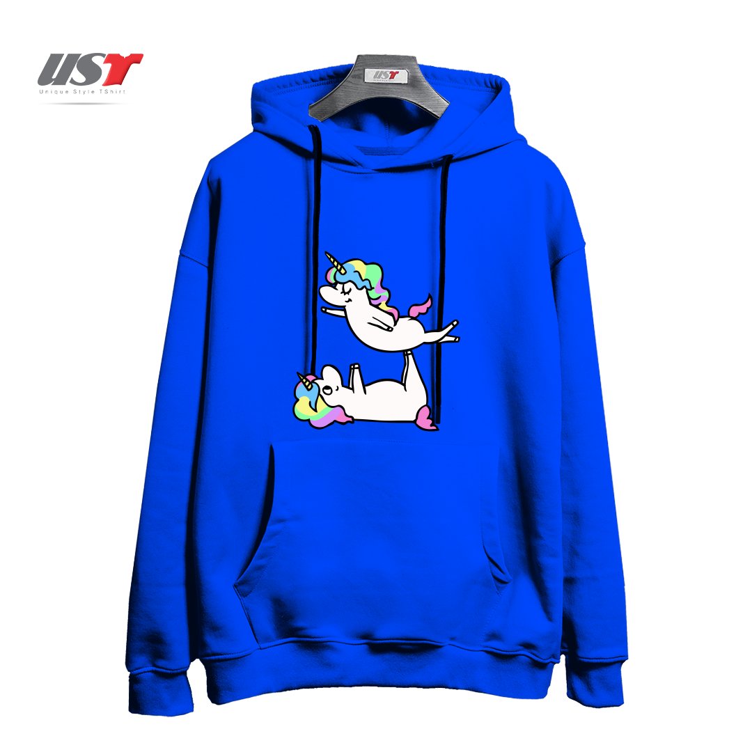 طرح ACROYOGA UNICORN هودی اورسایزرنگ آبی شالی