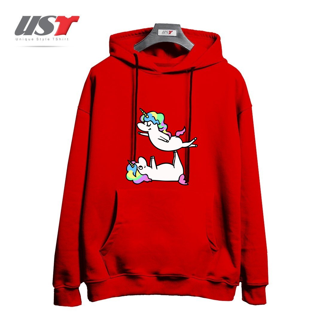 طرح ACROYOGA UNICORN هودی اورسایزرنگ قرمز