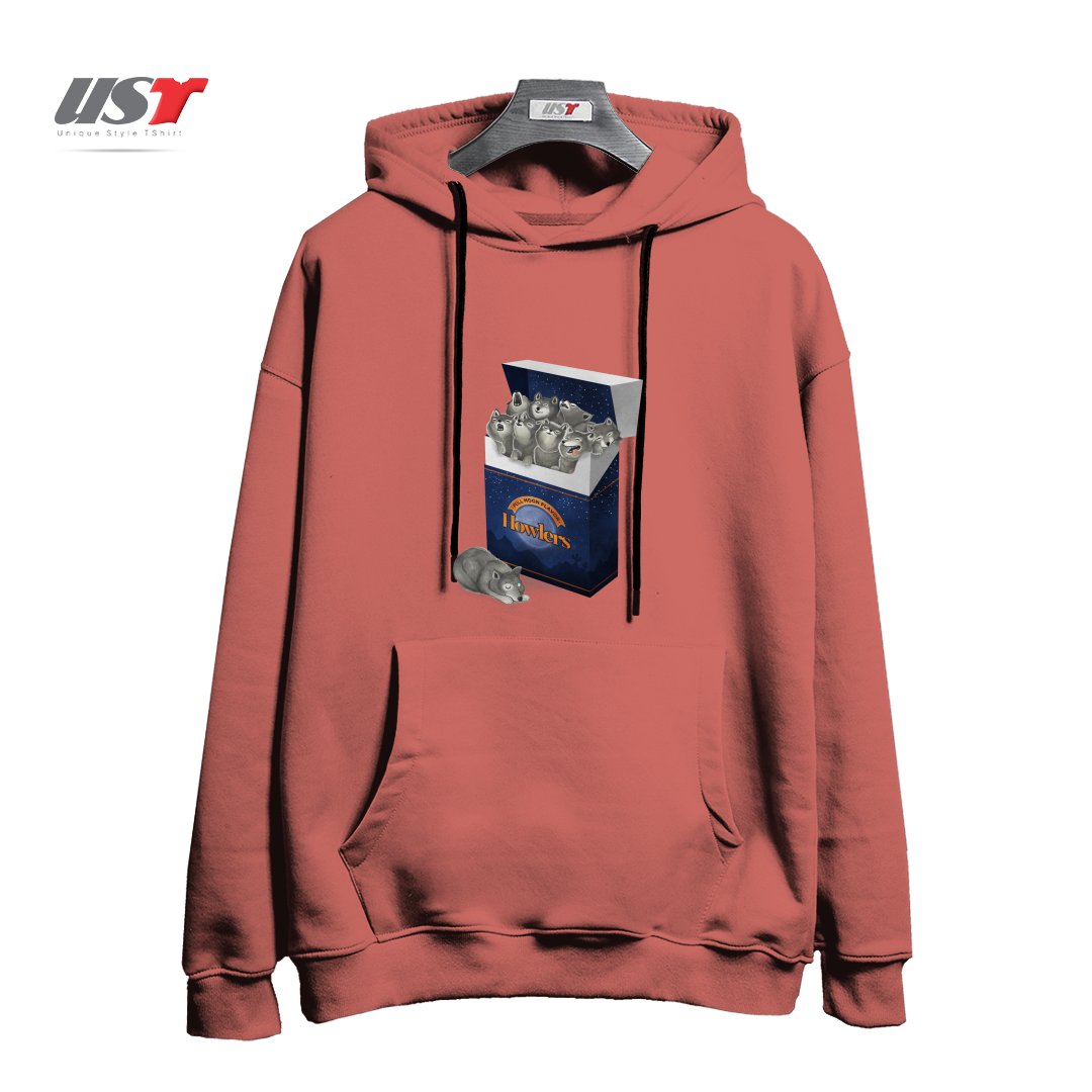 طرح PACK OF WOLVES هودی اورسایزرنگ آجری