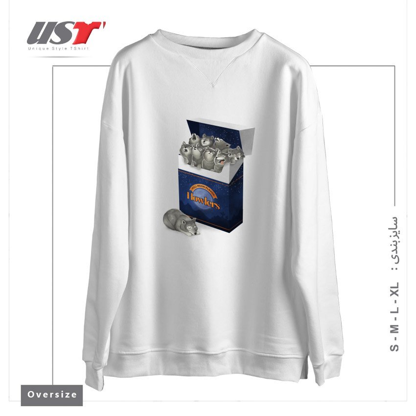 طرح PACK OF WOLVES سوییشرت اورسایزرنگ سفید