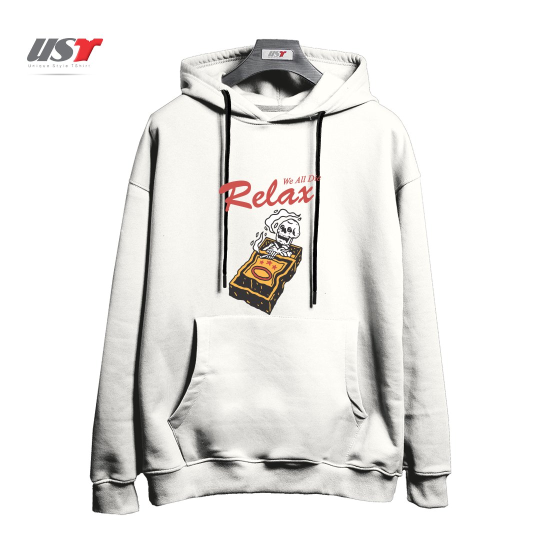 طرح RELAX WE ALL DIE هودی اورسایزرنگ سفید