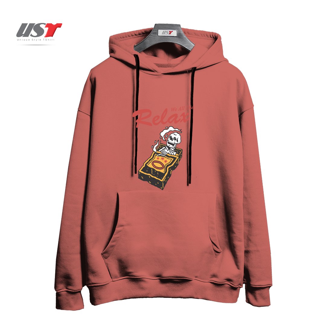 طرح RELAX WE ALL DIE هودی اورسایزرنگ آجری