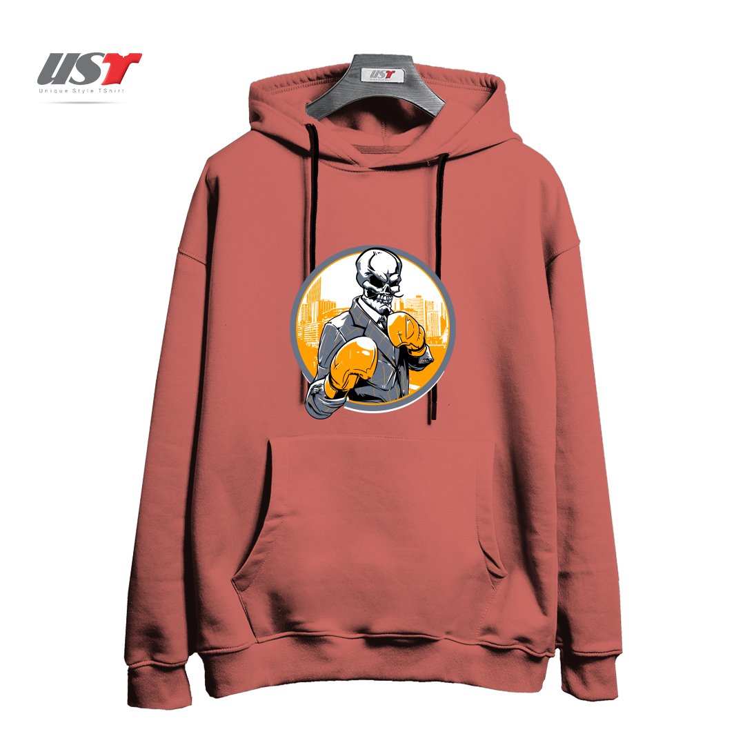 طرح RETRO BOXING هودی اورسایزرنگ آجری